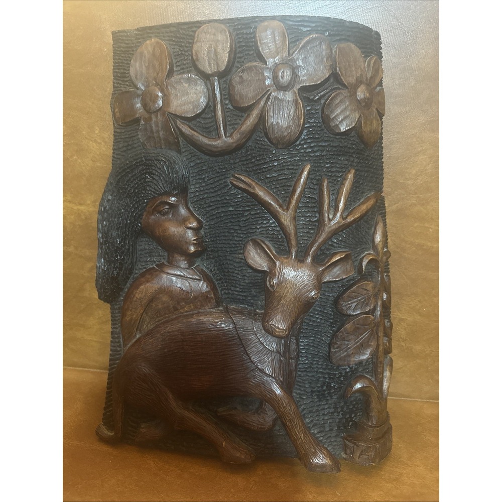 Vintage 3D Hand Carved Jamaican Wooden Plaque 18X12"